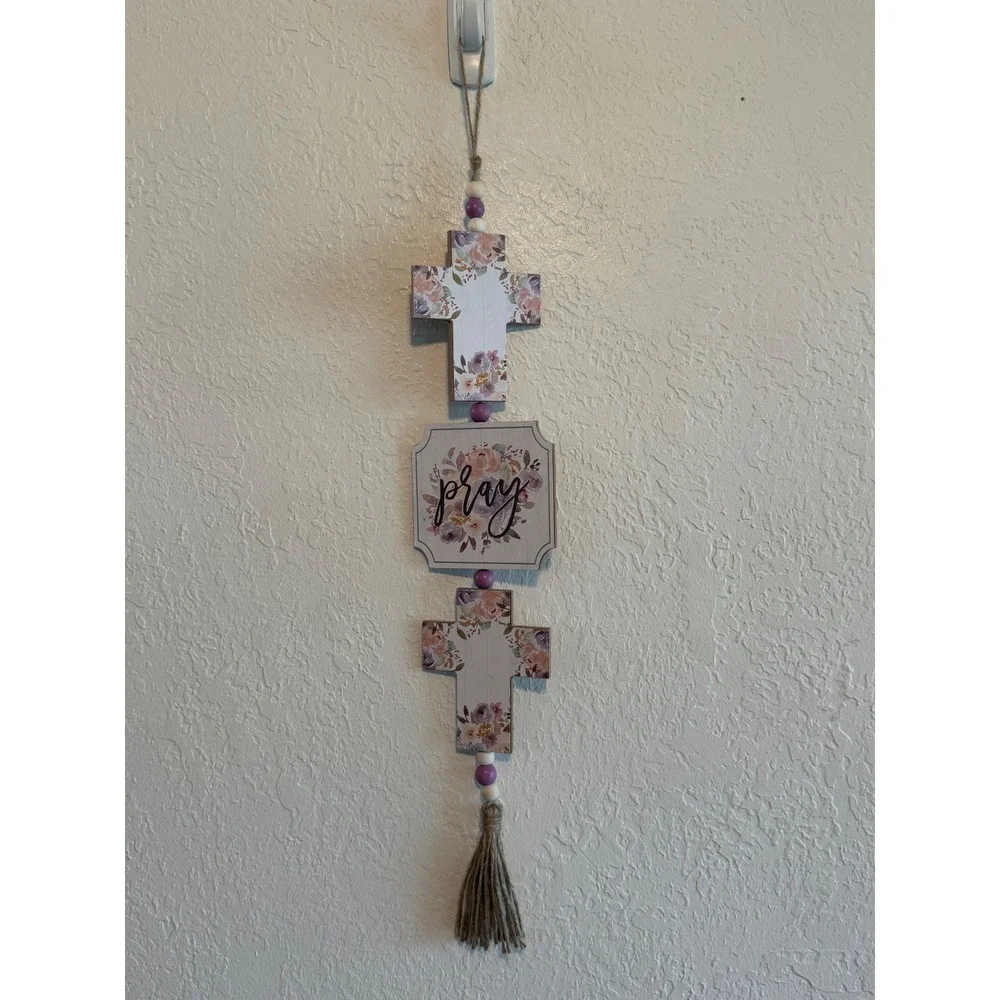 Special Moments Floral Pray Cross Wall Decor Lavender Pink Wood Bead Tassel 23in